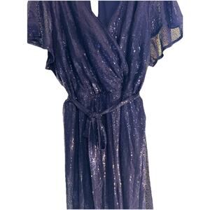 LANE BRYANT MARITIME BLUE SEQUIN FLUTTER SLEEVE WIDE LEG JUMPSUIT SZ 26/28 GLAM